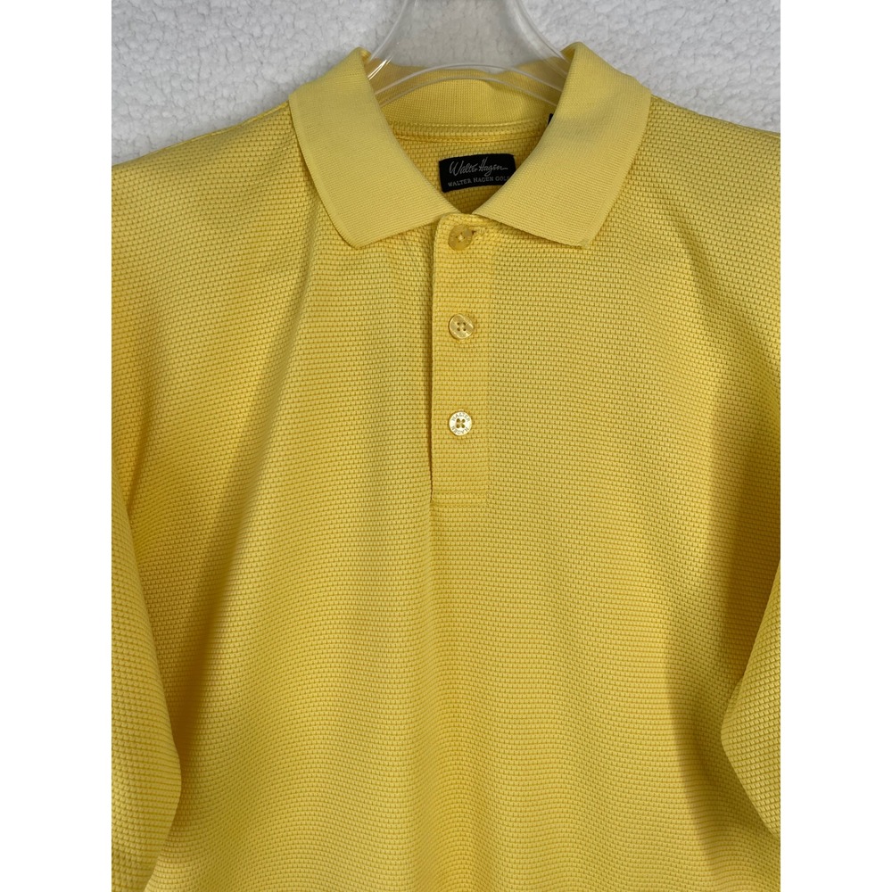 Walter Hagen Mens Size M Golf Polo Shirt Yellow Texture Waffle Knit Short Sleeve